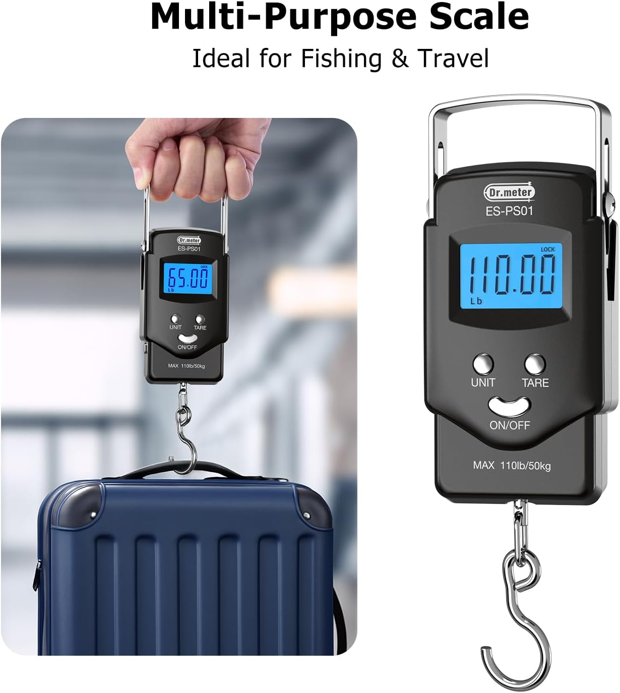 Fish Scale Luggage Scale Fishing Gear - 110lb Backlit LCD Display Digital Scale with Built-in Measuring Tape - Fishing Scale with 2 AAA Batteries, Pocket Size - Fishing Gifts for Men - Image 3