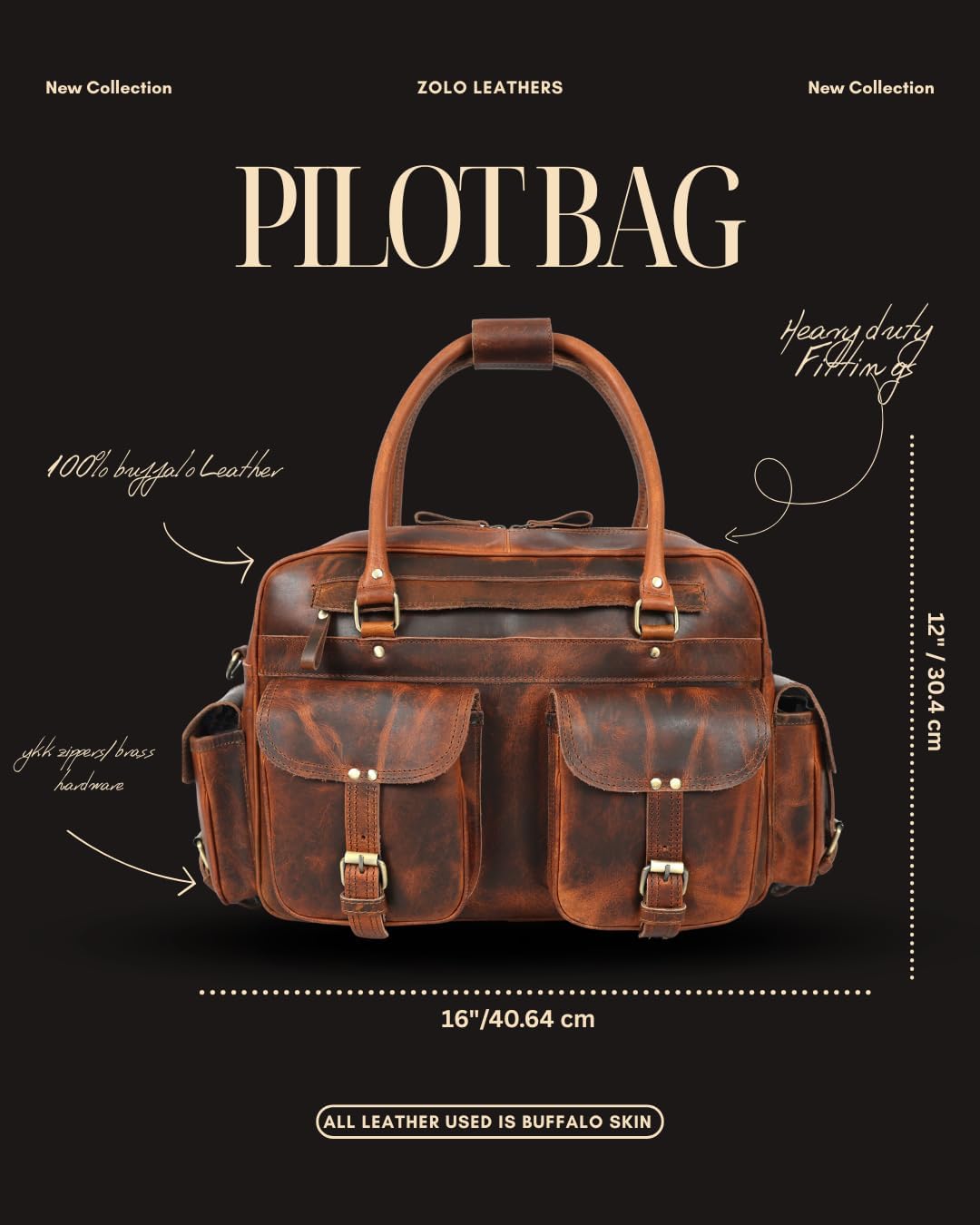 Pilot Bag for Men – 16" Genuine Buffalo Leather Travel Duffel with 7 Pockets, Padded Laptop Compartment & Trolley Strap, Handmade Vintage Carry-On Weekender, Brown - Image 9