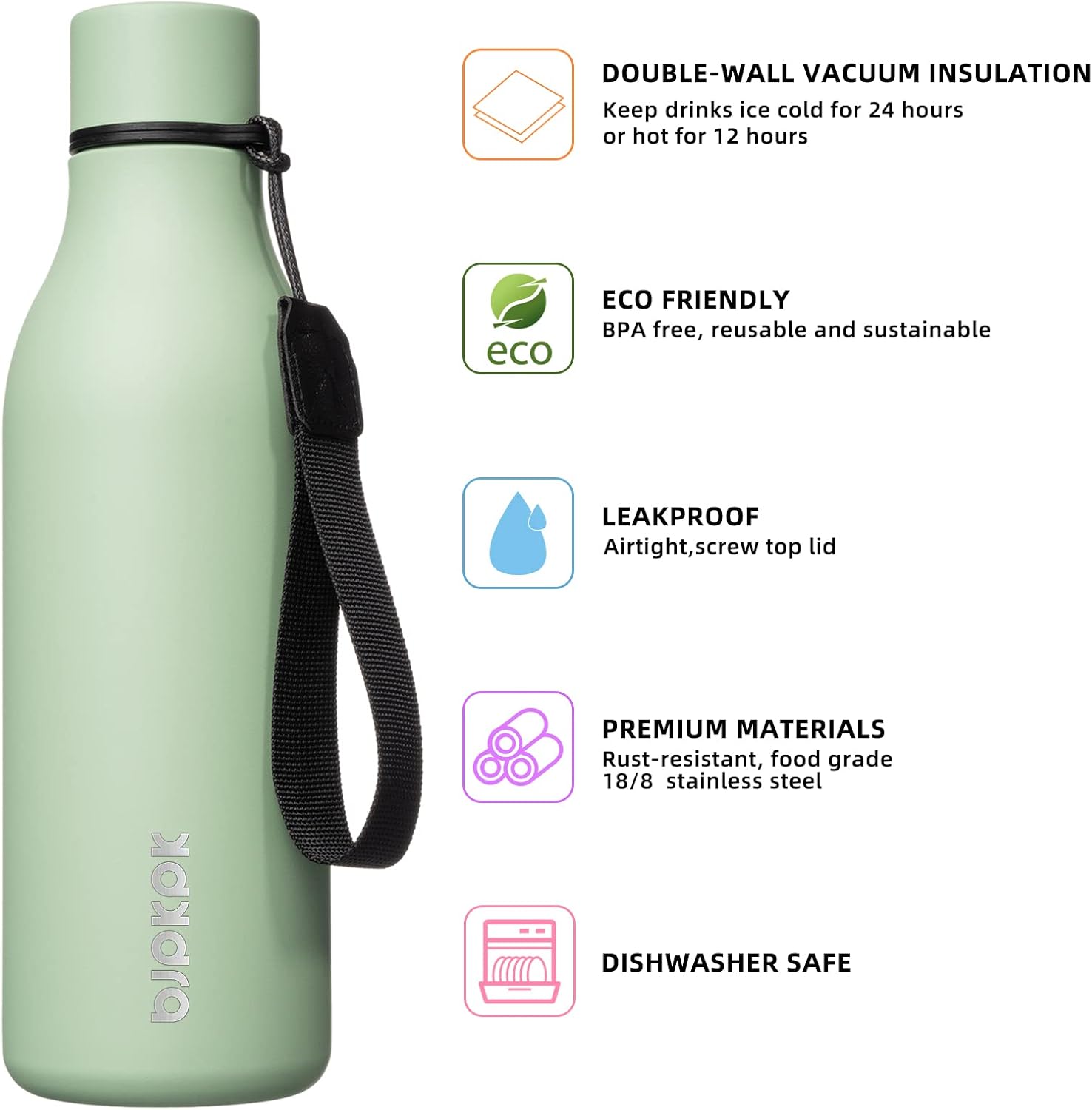 BJPKPK Insulated Water Bottles, 18 oz Stainless Steel Metal Water Bottle with Strap, BPA Free Leak Proof Jugs, Mugs, Flasks, Reusable Thermal Flasks for Sports & Travel, Macaron Green - Image 2