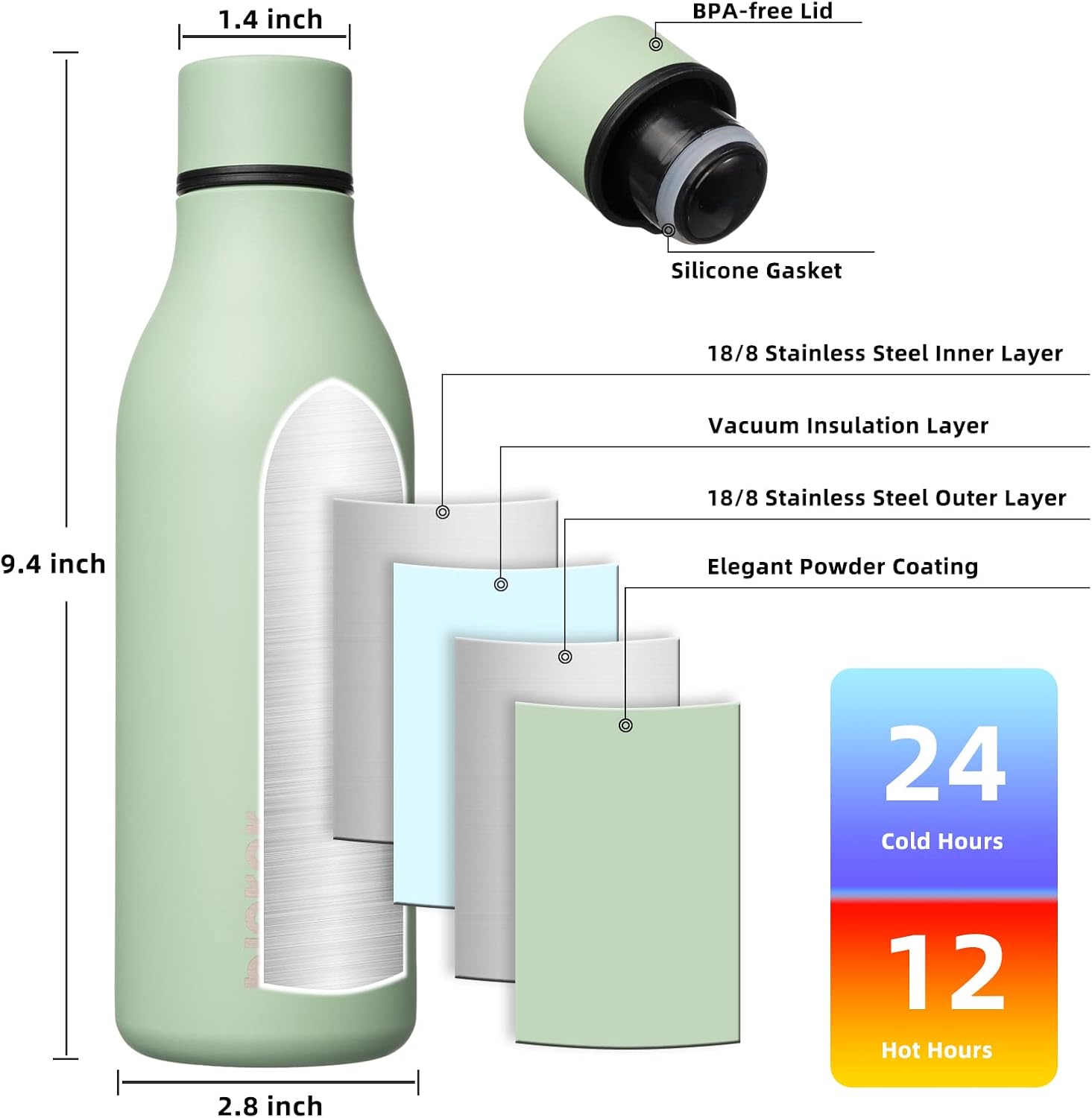 BJPKPK Insulated Water Bottles, 18 oz Stainless Steel Metal Water Bottle with Strap, BPA Free Leak Proof Jugs, Mugs, Flasks, Reusable Thermal Flasks for Sports & Travel, Macaron Green - Image 3