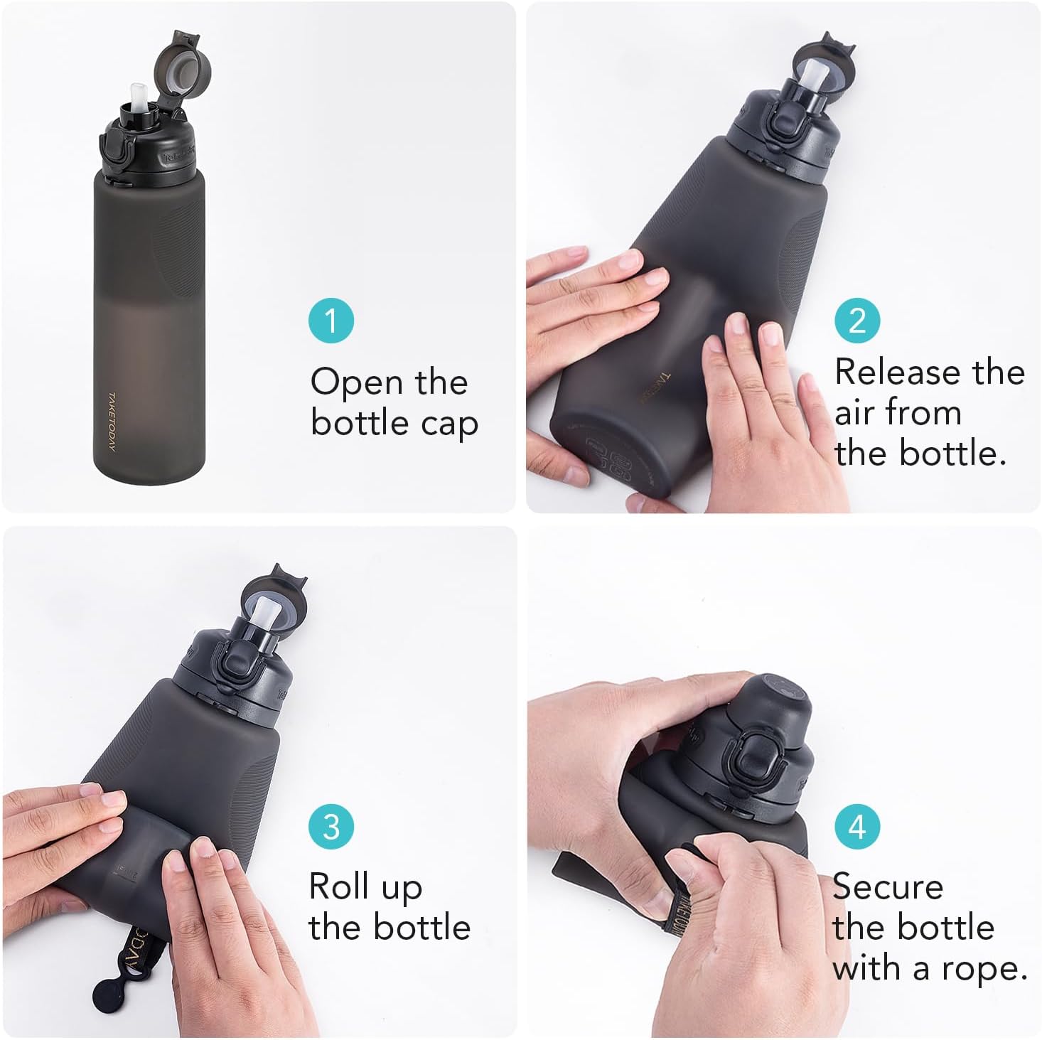 TakeToday Collapsible Water Bottles 32oz, Foldable Travel Water Bottle, BPA Free, Silicone Water Bottle Leakproof for Hiking, International Travel, Outdoors - Image 9