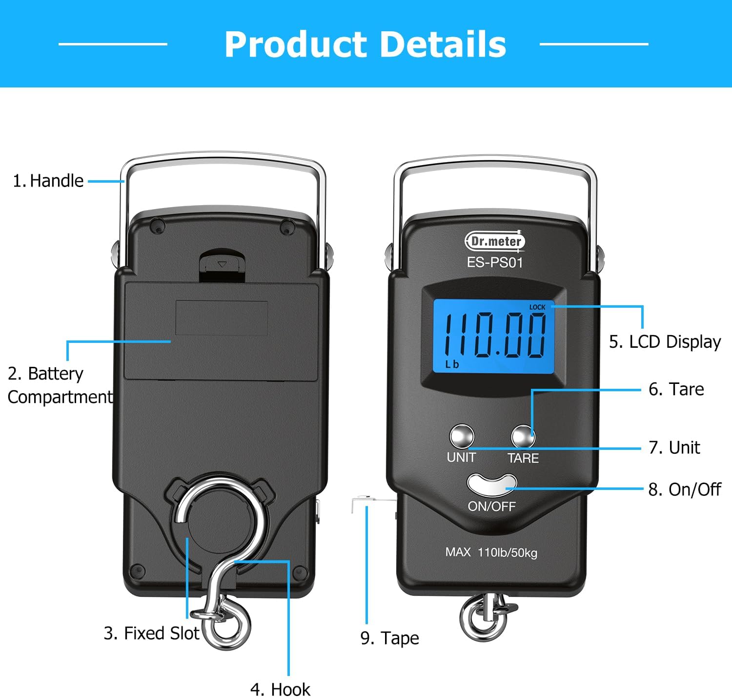 Fish Scale Luggage Scale Fishing Gear - 110lb Backlit LCD Display Digital Scale with Built-in Measuring Tape - Fishing Scale with 2 AAA Batteries, Pocket Size - Fishing Gifts for Men - Image 6