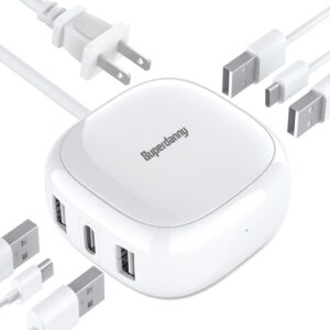 SUPERDANNY 6-Port USB Charger, 40W 8A Mini USB Charging Station, Charging Station for Multiple Devices, 4ft Cable, Compatible with iPhone, iPad, Galaxy, Pixel, for Travel, Cruise, White