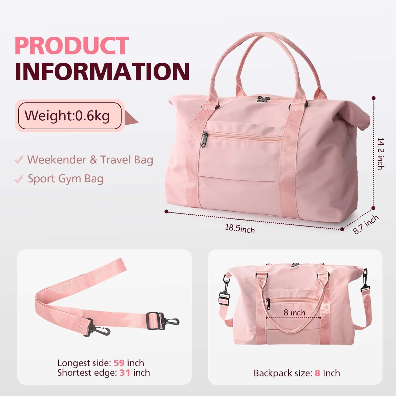 TOPBAG Travel Duffle Bag, Waterproof Weekender Carry On Tote Bags for Women, Sport Gym Bag for Men, Hospital Bag for Labor and Delivery, Overnight Luggage Bag with Trolley Sleeve Coral Pink - Image 5