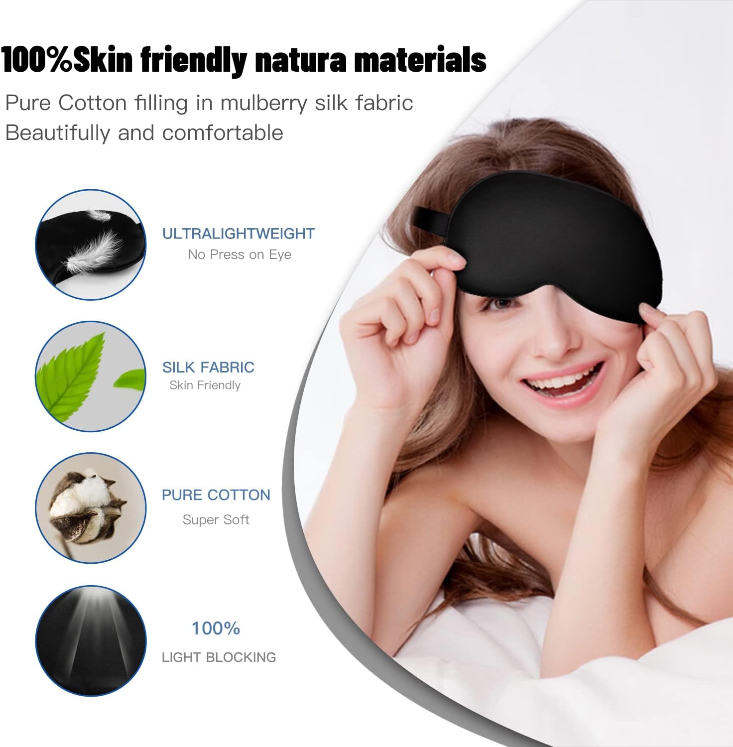 Sleep Mask, Silk Eye Mask for Sleeping with Adjustable Strap, Satin Blackout Sleeping Eye Mask for Men&Women, Comfortable Blindfold Eyeshade for Night Sleep(Black) - Image 2