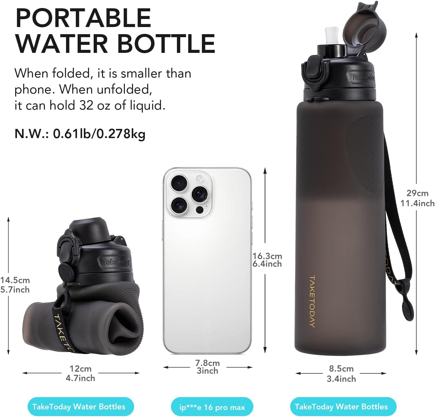 TakeToday Collapsible Water Bottles 32oz, Foldable Travel Water Bottle, BPA Free, Silicone Water Bottle Leakproof for Hiking, International Travel, Outdoors - Image 3
