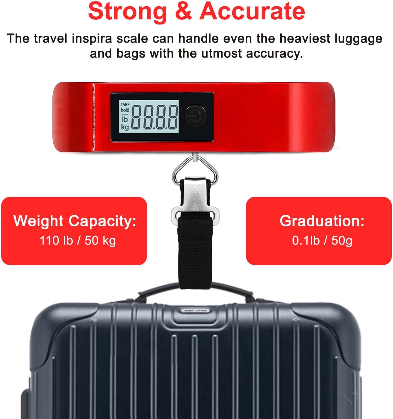 travel inspira Luggage Scale, Portable Digital Hanging Baggage Scale for Travel, Suitcase Weight Scale with Rubber Paint, 110 Pounds, Battery Included - Image 5