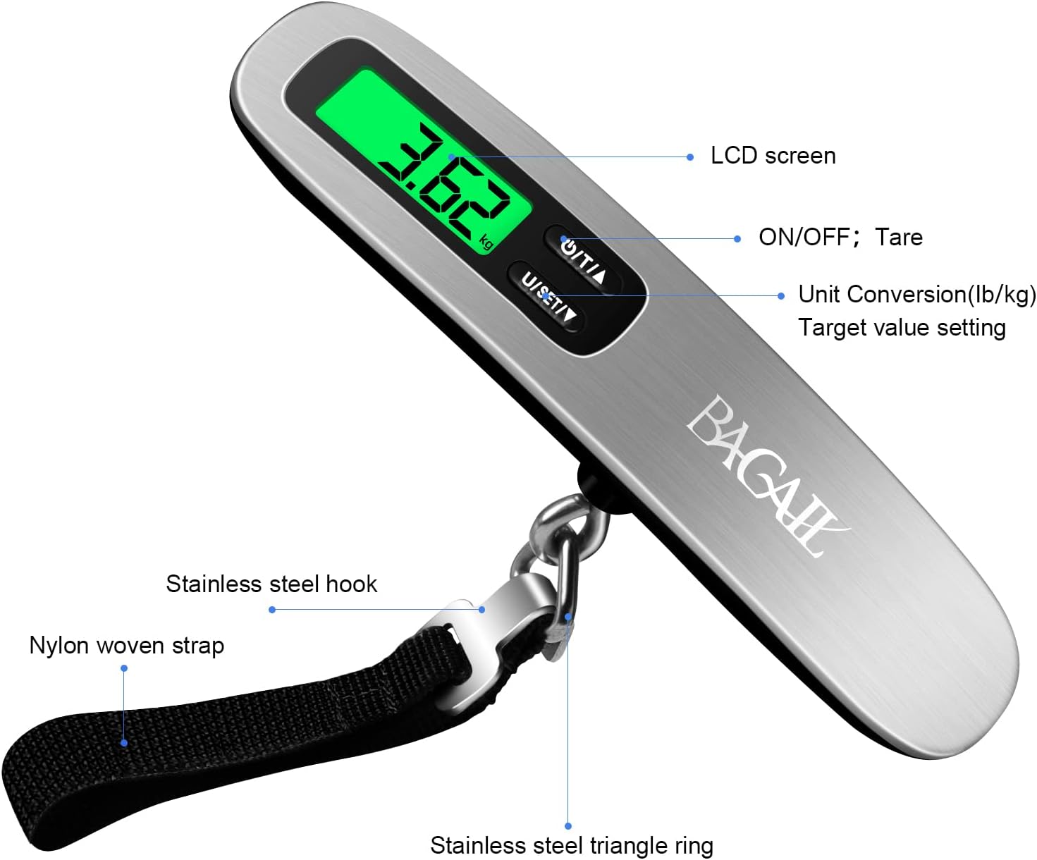 BAGAIL Digital Luggage Scale, 110lbs Hanging Baggage Scale with Backlit LCD Display, Portable Suitcase Weighing Scale, Travel Luggage Weight Scale with Hook, Strong Straps for Travelers - Image 3