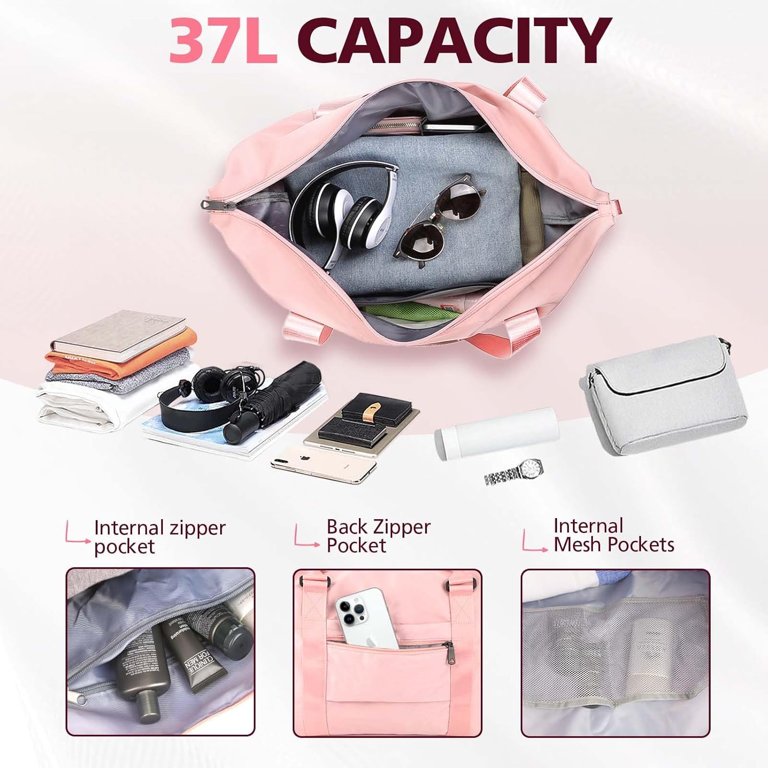 TOPBAG Travel Duffle Bag, Waterproof Weekender Carry On Tote Bags for Women, Sport Gym Bag for Men, Hospital Bag for Labor and Delivery, Overnight Luggage Bag with Trolley Sleeve Coral Pink - Image 3