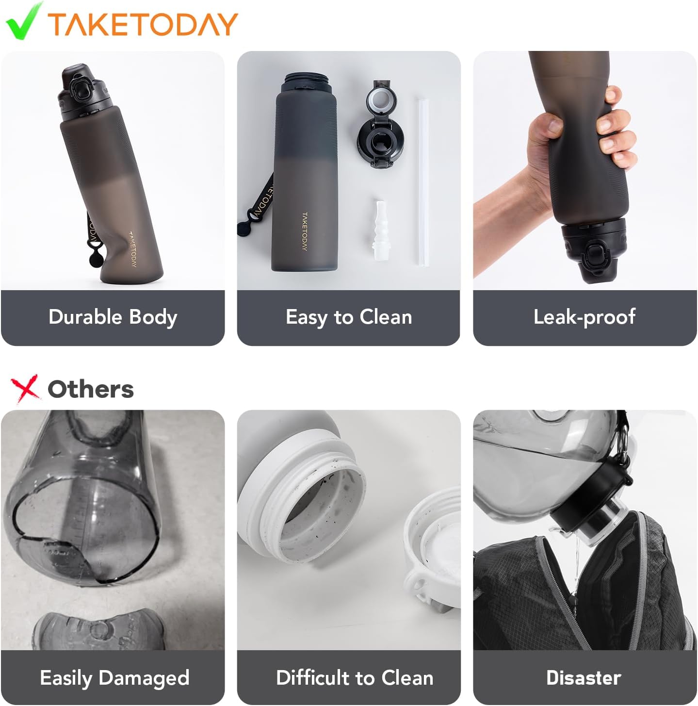 TakeToday Collapsible Water Bottles 32oz, Foldable Travel Water Bottle, BPA Free, Silicone Water Bottle Leakproof for Hiking, International Travel, Outdoors - Image 2