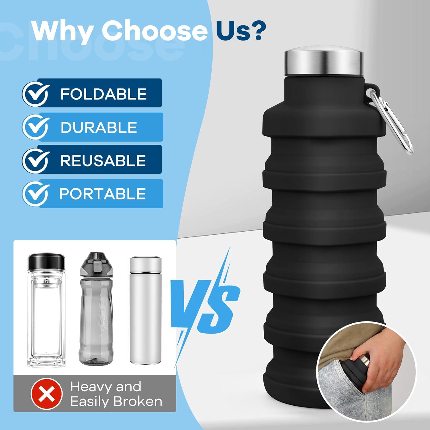 Collapsible Water Bottles 17oz, Portable Leak-Proof Travel Water Bottle, Reusable BPA Free Silicone Foldable Water Bottle with Carabiner for Gym, Traveling, Camping, Hiking, Sports-Black - Image 3