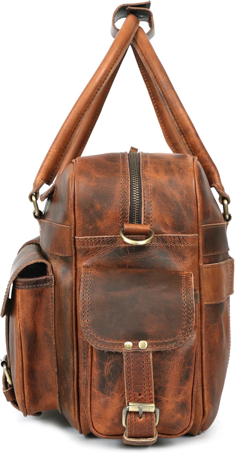 Pilot Bag for Men – 16" Genuine Buffalo Leather Travel Duffel with 7 Pockets, Padded Laptop Compartment & Trolley Strap, Handmade Vintage Carry-On Weekender, Brown - Image 3