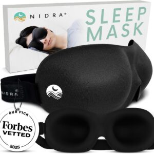 Nidra Contoured Sleep Mask for Side Sleepers – Zero Pressure Fit, Light Blocking Eye Shade for Sleeping & Travel – Black, Standard Size
