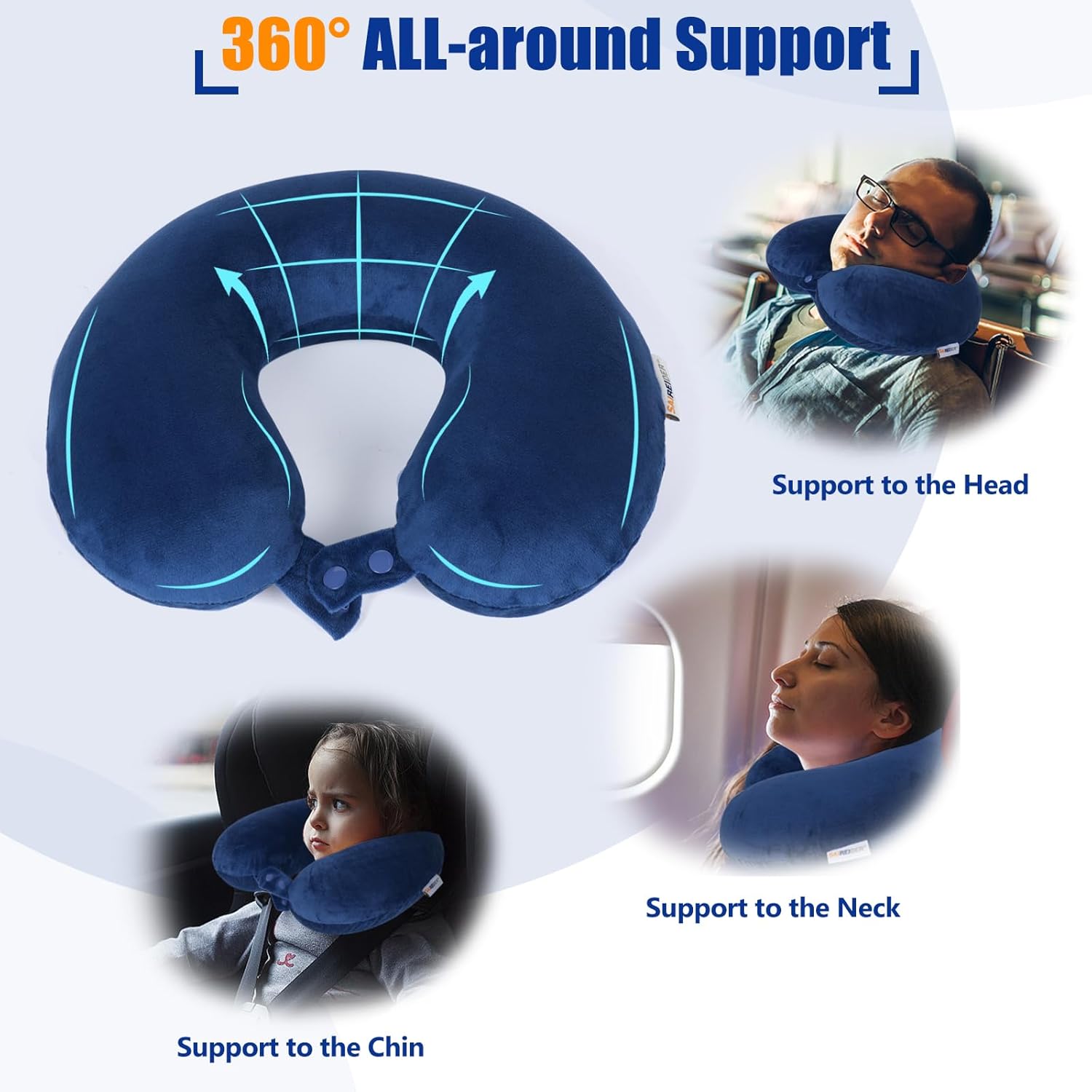 SAIREIDER Neck Pillows for Travel-Head Neck Support Travel Pillow for Traveling, Car, Home, Office Adjustable(Navy Blue) - Image 3