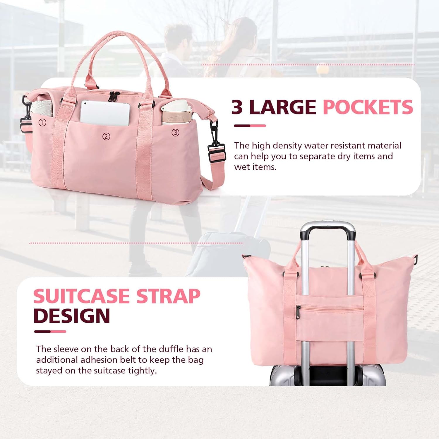 TOPBAG Travel Duffle Bag, Waterproof Weekender Carry On Tote Bags for Women, Sport Gym Bag for Men, Hospital Bag for Labor and Delivery, Overnight Luggage Bag with Trolley Sleeve Coral Pink - Image 4