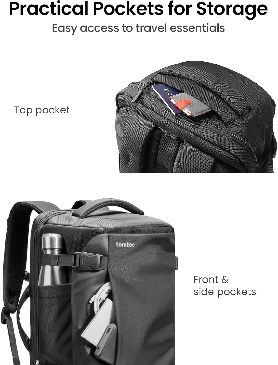 tomtoc Travel Backpack 40L, TSA Friendly Flight Approved Carry-on Luggage Hand Water-resistant Lightweight Business Rucksack, Durable Large Weekender Bag Daypack Fits 17.3 Inch Laptop, PFAS Free - Image 6
