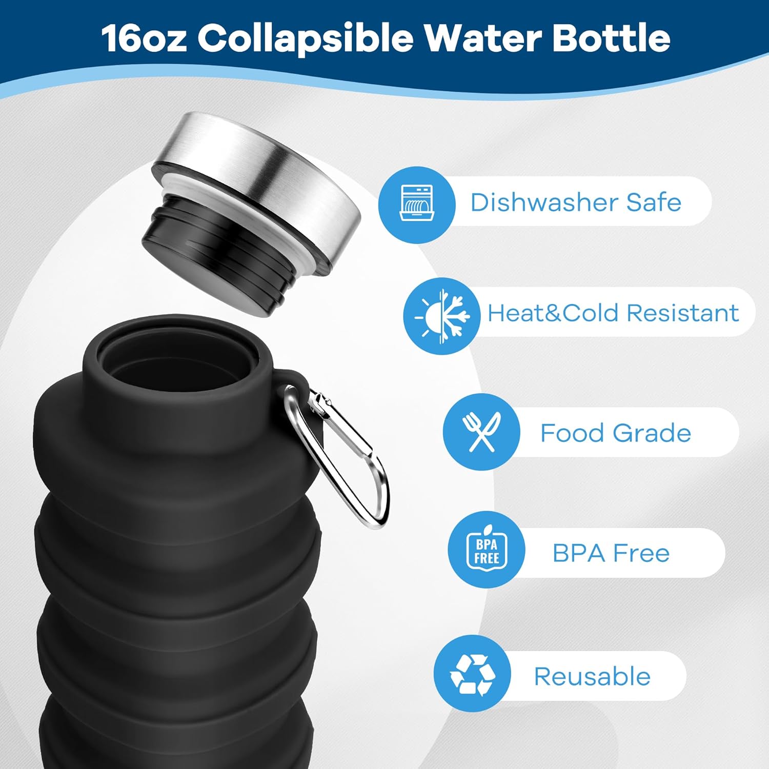 Collapsible Water Bottles 17oz, Portable Leak-Proof Travel Water Bottle, Reusable BPA Free Silicone Foldable Water Bottle with Carabiner for Gym, Traveling, Camping, Hiking, Sports-Black - Image 4