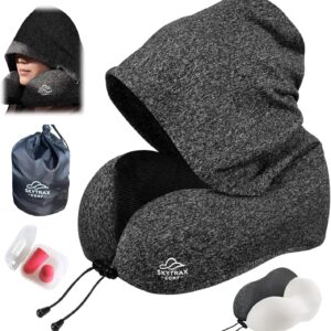 Travel Pillow with Extra Large Hood for Airplane Long Flights Privacy and Comfort Memory Foam with Skin-Friendly Cover for Road Trip Head&Neck Support for Plane Office Cars Sleeping & Rest (Grey)