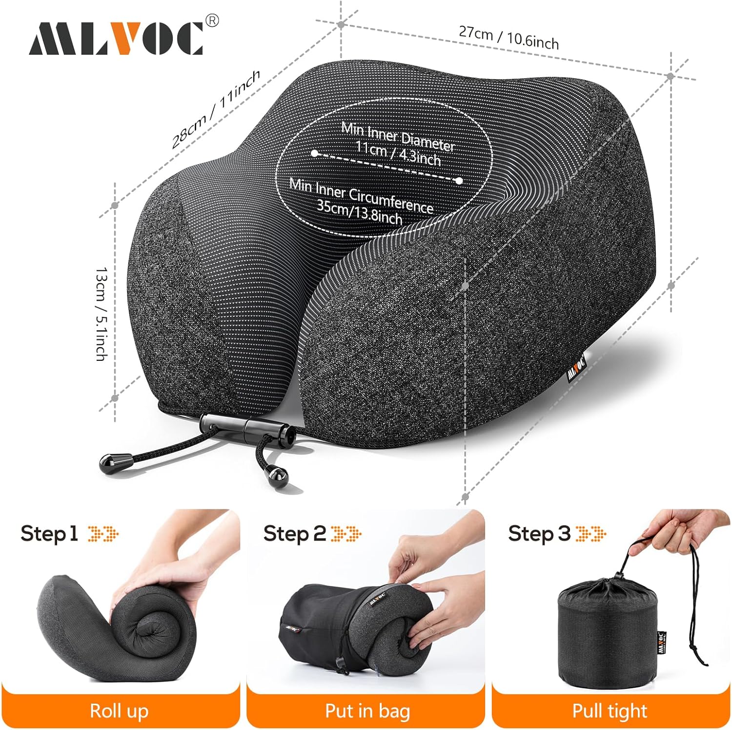 MLVOC Travel Pillow 100% Pure Memory Foam Neck Pillow, Comfortable & Breathable Cover, Machine Washable, Airplane Travel Kit with 3D Contoured Eye Masks, Earplugs, and Luxury Bag, Standard (Black) - Image 7