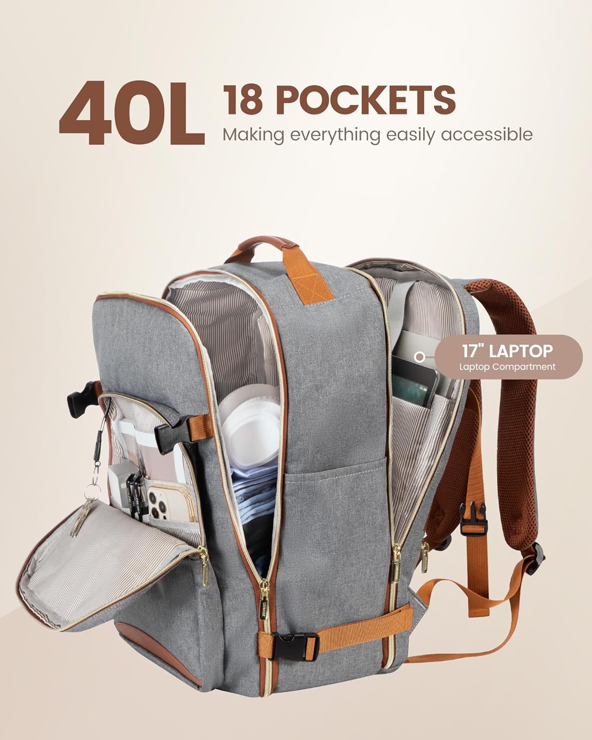 LOVEVOOK Travel Backpack for Women & Men 40L,Airline Approved Carry On Backpack Travel Essentials,TSA Carry on Luggage,Waterproof Personal Item Travel Bag,Suitcase with 3 Packing Cubes,Grey-Brown - Image 3