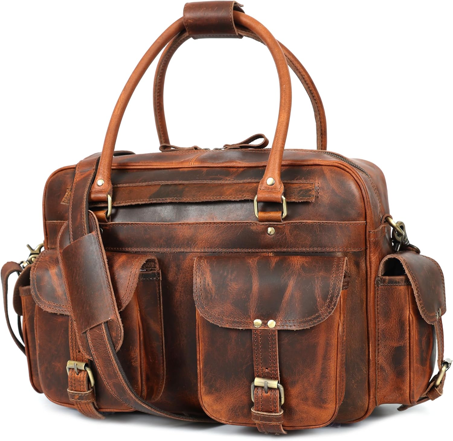 Pilot Bag for Men – 16" Genuine Buffalo Leather Travel Duffel with 7 Pockets, Padded Laptop Compartment & Trolley Strap, Handmade Vintage Carry-On Weekender, Brown - Image 4