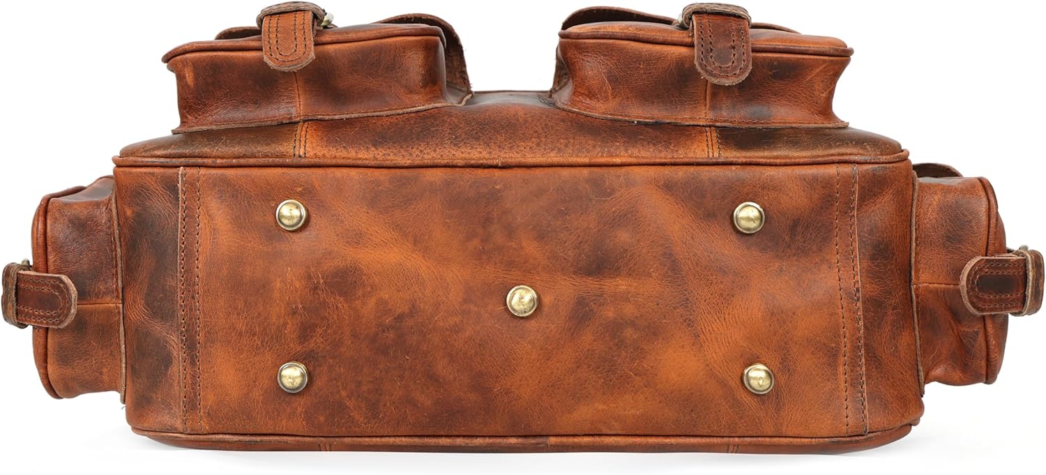 Pilot Bag for Men – 16" Genuine Buffalo Leather Travel Duffel with 7 Pockets, Padded Laptop Compartment & Trolley Strap, Handmade Vintage Carry-On Weekender, Brown - Image 5