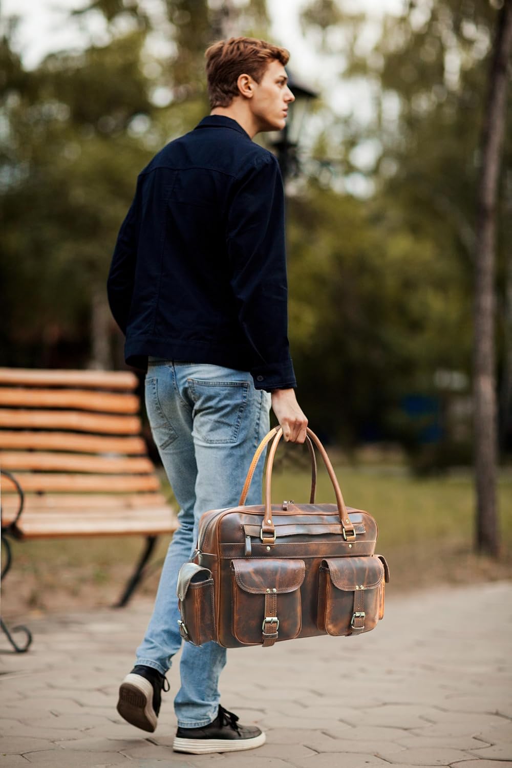 Pilot Bag for Men – 16" Genuine Buffalo Leather Travel Duffel with 7 Pockets, Padded Laptop Compartment & Trolley Strap, Handmade Vintage Carry-On Weekender, Brown - Image 8