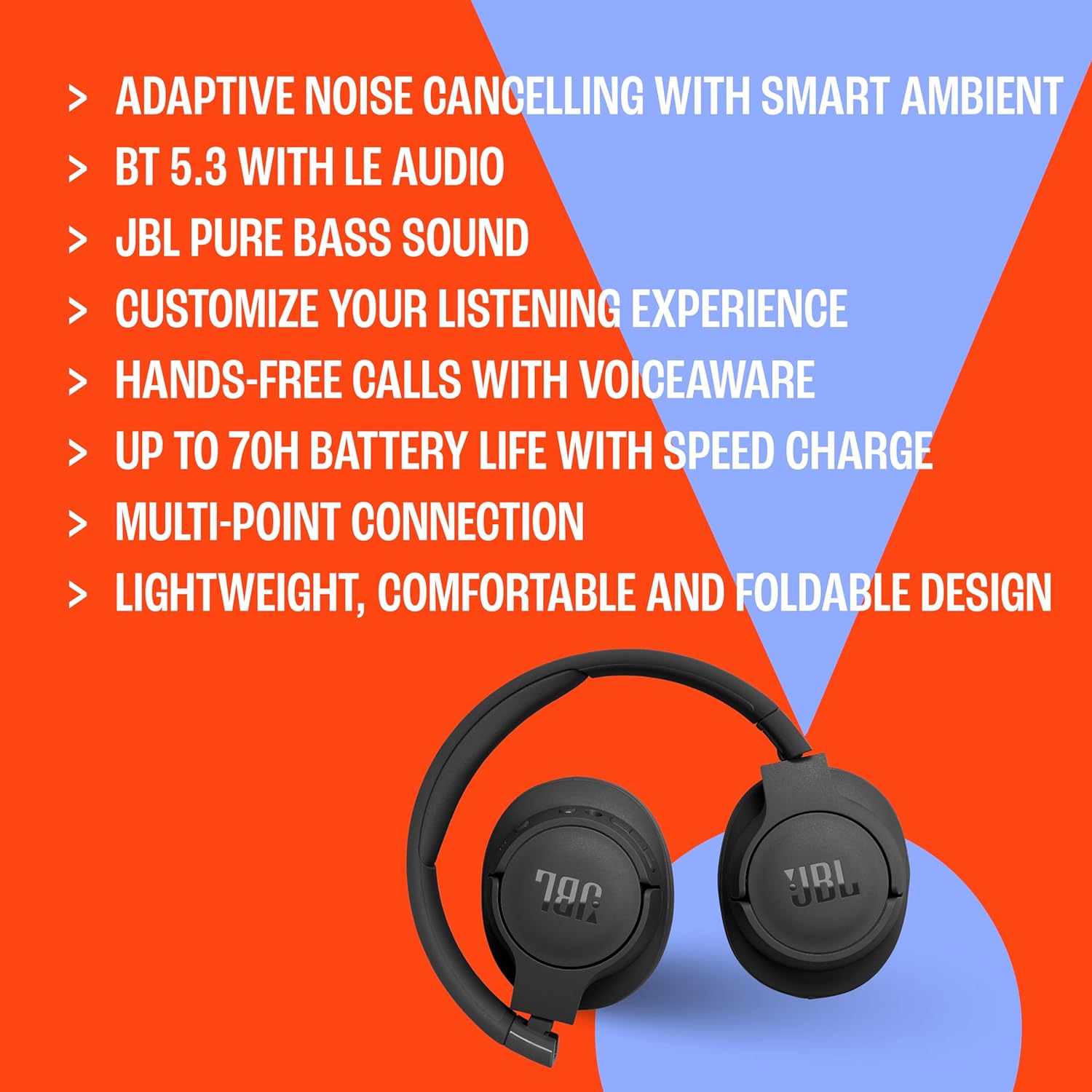 JBL Tune 770NC - Adaptive Noise Cancelling with Smart Ambient Wireless Over-Ear Headphones, Bluetooth 5.3, Up to 70H Battery Life with Speed Charge, Lightweight, Comfortable & Foldable Design (Black) - Image 7