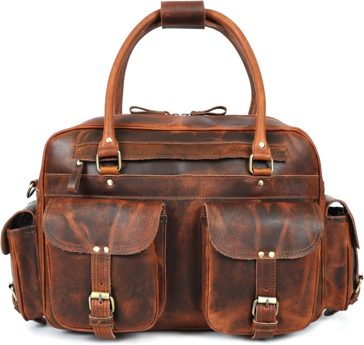 Pilot Bag for Men – 16" Genuine Buffalo Leather Travel Duffel with 7 Pockets, Padded Laptop Compartment & Trolley Strap, Handmade Vintage Carry-On Weekender, Brown