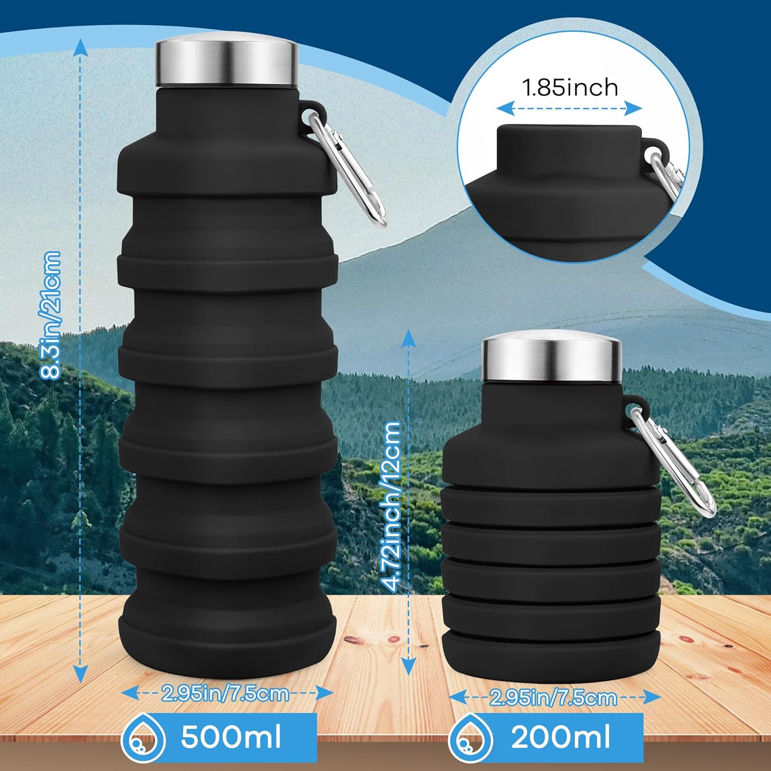 Collapsible Water Bottles 17oz, Portable Leak-Proof Travel Water Bottle, Reusable BPA Free Silicone Foldable Water Bottle with Carabiner for Gym, Traveling, Camping, Hiking, Sports-Black - Image 2