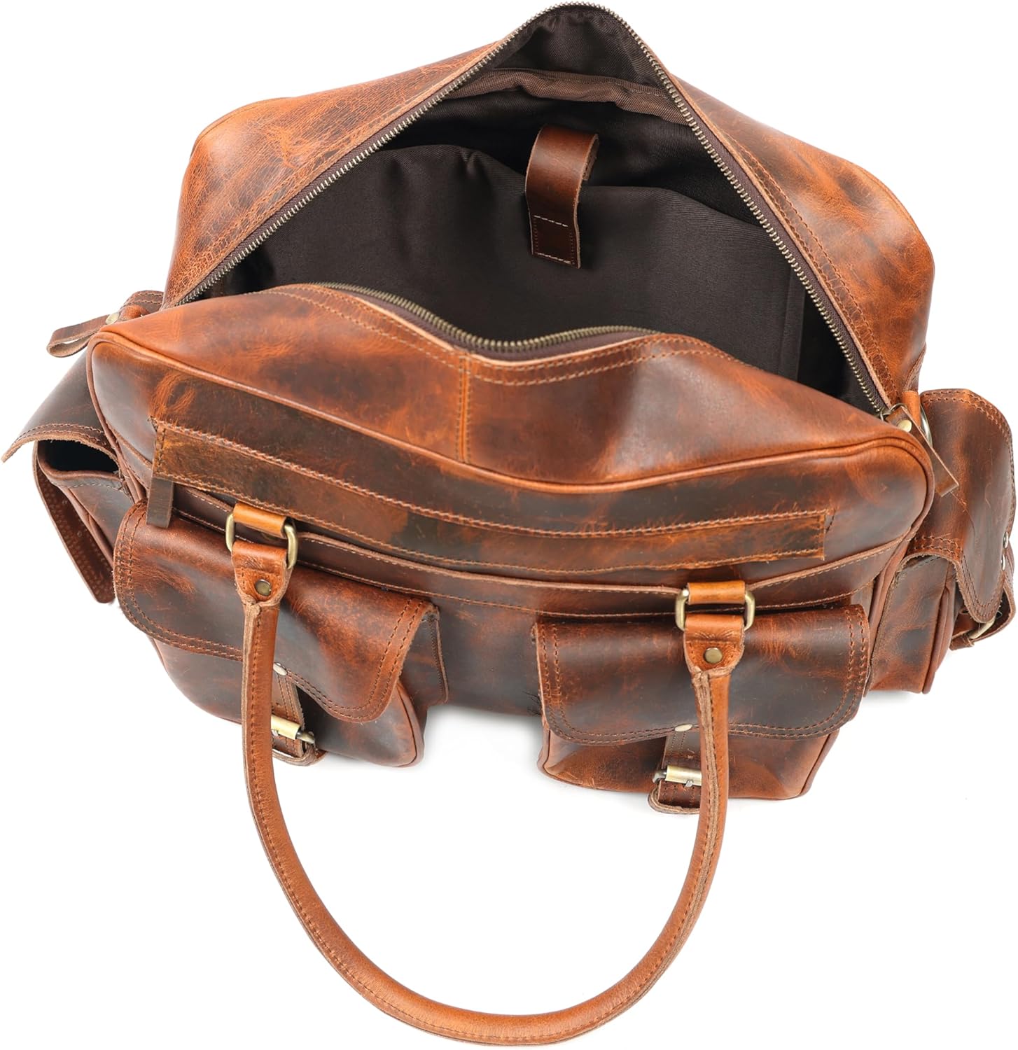 Pilot Bag for Men – 16" Genuine Buffalo Leather Travel Duffel with 7 Pockets, Padded Laptop Compartment & Trolley Strap, Handmade Vintage Carry-On Weekender, Brown - Image 6