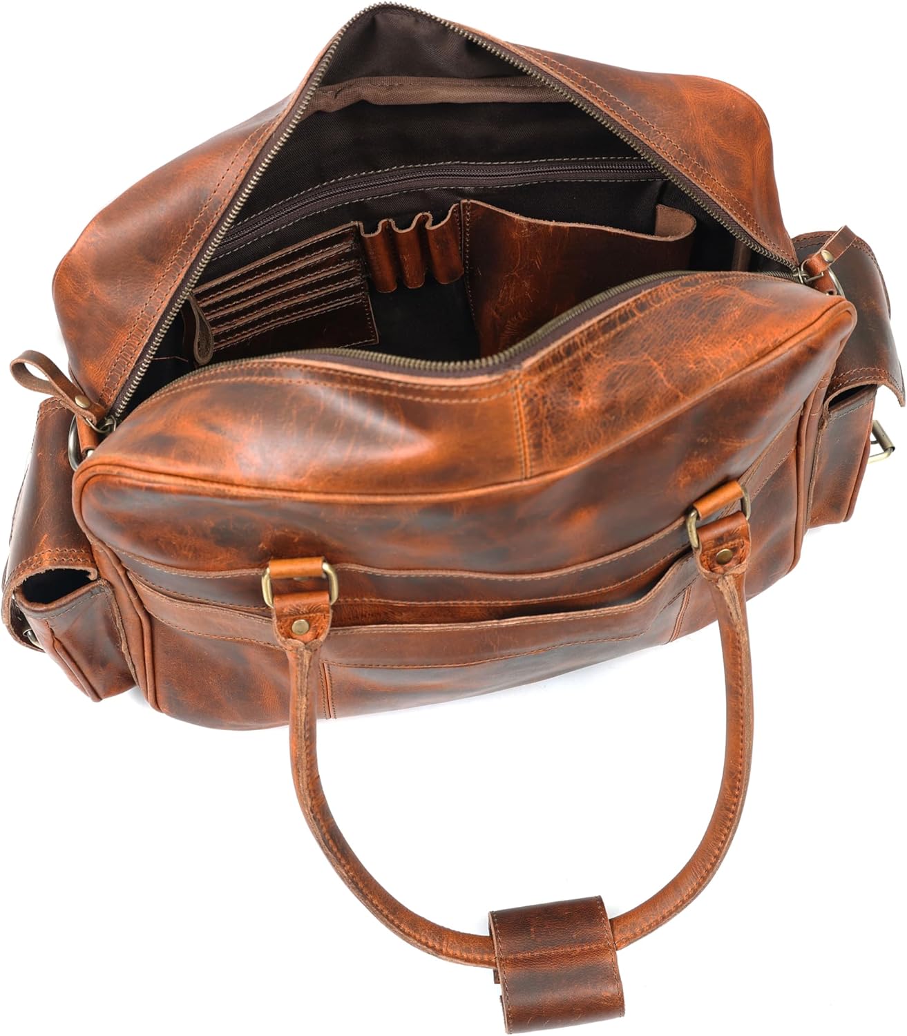 Pilot Bag for Men – 16" Genuine Buffalo Leather Travel Duffel with 7 Pockets, Padded Laptop Compartment & Trolley Strap, Handmade Vintage Carry-On Weekender, Brown - Image 7