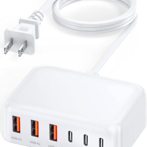 USB C Charger Block, 100W GaN 6 Port PD USB C QC USB A Wall Charger Adapter Plug Cube, Super Fast Type C Charging Station Hub for iPhone 17 16 15 14 13 Pro Max iPad Samsung Pixel 5ft Extension Cord