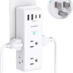 Surge Protector Outlet Extender - with Rotating Plug, 6 AC Multi Plug Outlet with 4 USB Ports (2 USB C), 1800J Wall Charger, 3-Sided Power Strip with Spaced Outlet Splitter for Home, Office, Travel