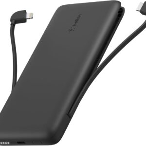 Belkin Portable Charger Power Bank for iPhone/Android - 10,000mAh, 23W Battery Pack for Phone with Integrated USB-C, Lightning Cables - Pass-Through Capability, Charge 2 Devices at Once