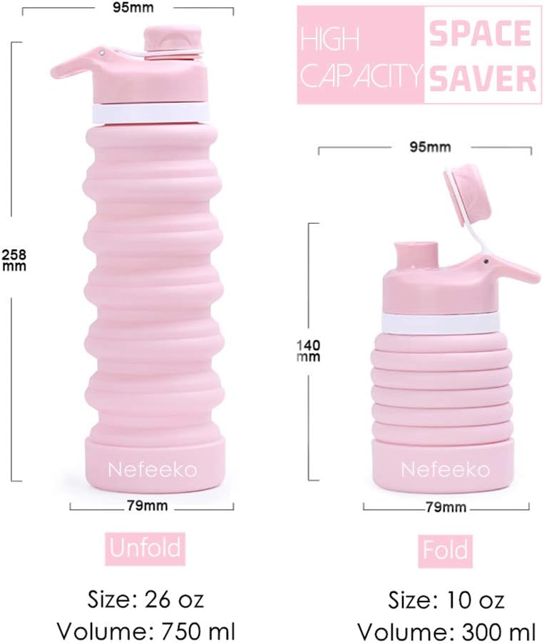 Nefeeko Collapsible Water Bottle, 26oz Silicone Foldable Water Bottles Leakproof BPA Free Travel Water Bottles with Carabiner, Portable Sport Water Bottles for Camping,Hiking Outdoor Indoor Sport - Image 2