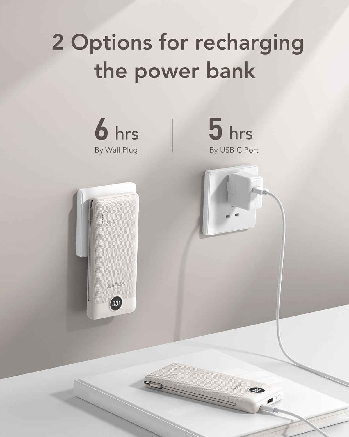 VEGER Portable Charger with Built-in AC Plug and Cables, All in One 10000mAh Ultra Slim Power Bank Travel Essentials, 15W Fast Charging Battery Pack Compatible with iPhone, Samsung, Android (Coffee) - Image 5