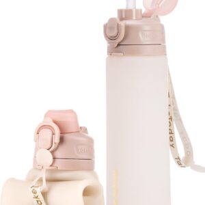 TakeToday Collapsible Water Bottles 20oz, Leak Proof, BPA-Free, Foldable Silicone Travel Water Bottle with Straw Strap for Cycling, Hiking, Outdoors