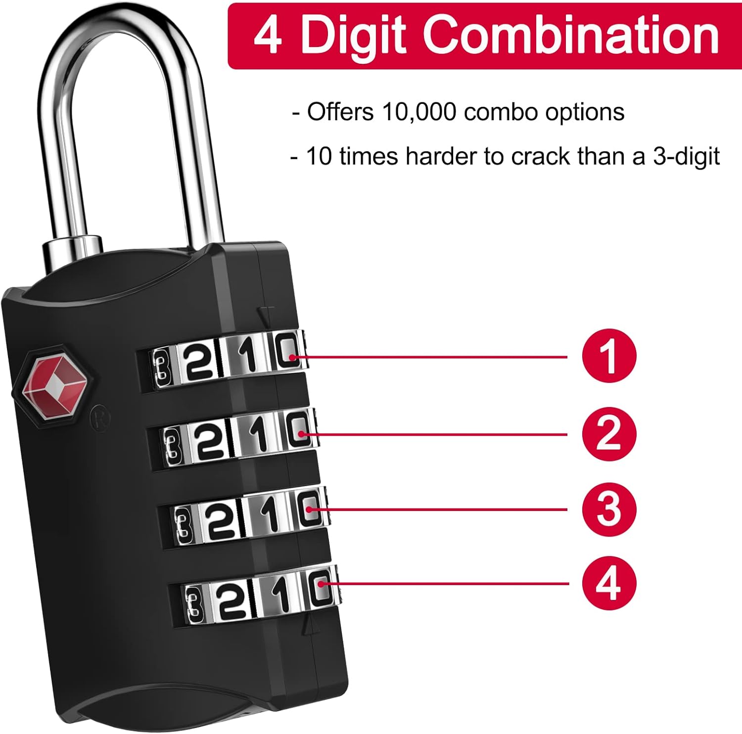 ZHEGE Luggage Lock, TSA Approved Travel Lock, 4 Digit Combination Padlock with Flexible Cable (30 Inch) for Suitcase, Backpack, Cabinet, Drawer (1 Pack, Black) - Image 4
