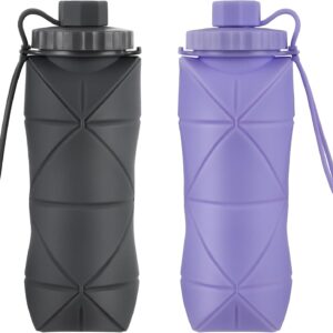 Silicone Collapsible Water Bottles,Lightweight Reusable Leakproof For Traveling Camping Hiking Cycling Sports Outdoor,Foldable Portable Travel Water Bottle 600ML Dark Grey And Purple 2Pack.