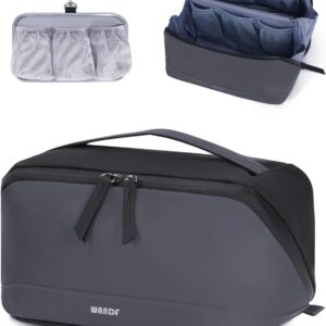 WANDF Toiletry Bag for Men, PU Leather Travel Organizer with Detachable Waterproof Hanging Pouch, Open-Flat Dopp Kit Shaving Bag with Wet Pocket for Travel Toiletries Accessories (Dark Gray)