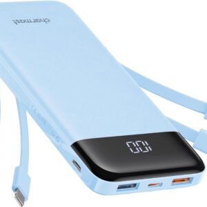 Charmast Portable Charger with Built in Cables, Power Bank with Cords Wires, Slim 10000mAh Travel Battery Pack 6 Outputs 3 Inputs 3A Fast Charging for Samsung Google Pixel LG Moto iPhone iPad