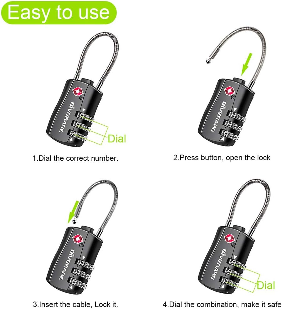 GIVERARE 2 PCS TSA Approved Luggage Locks, Combination Travel Cable Lock, Re-settable 3-Digit Padlocks with Alloy Body, Keyless Travel Sentry Accepted Padlock for Gym Locker, Golf Bag Case-Black - Image 6