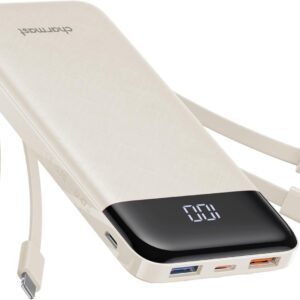 charmast Portable Charger with Built in Cables, Power Bank with Cords Wires, Slim 10000mAh Travel Battery Pack 6 Outputs 3 Inputs 3A Fast Charging for Samsung Google Pixel LG Moto iPhone iPad