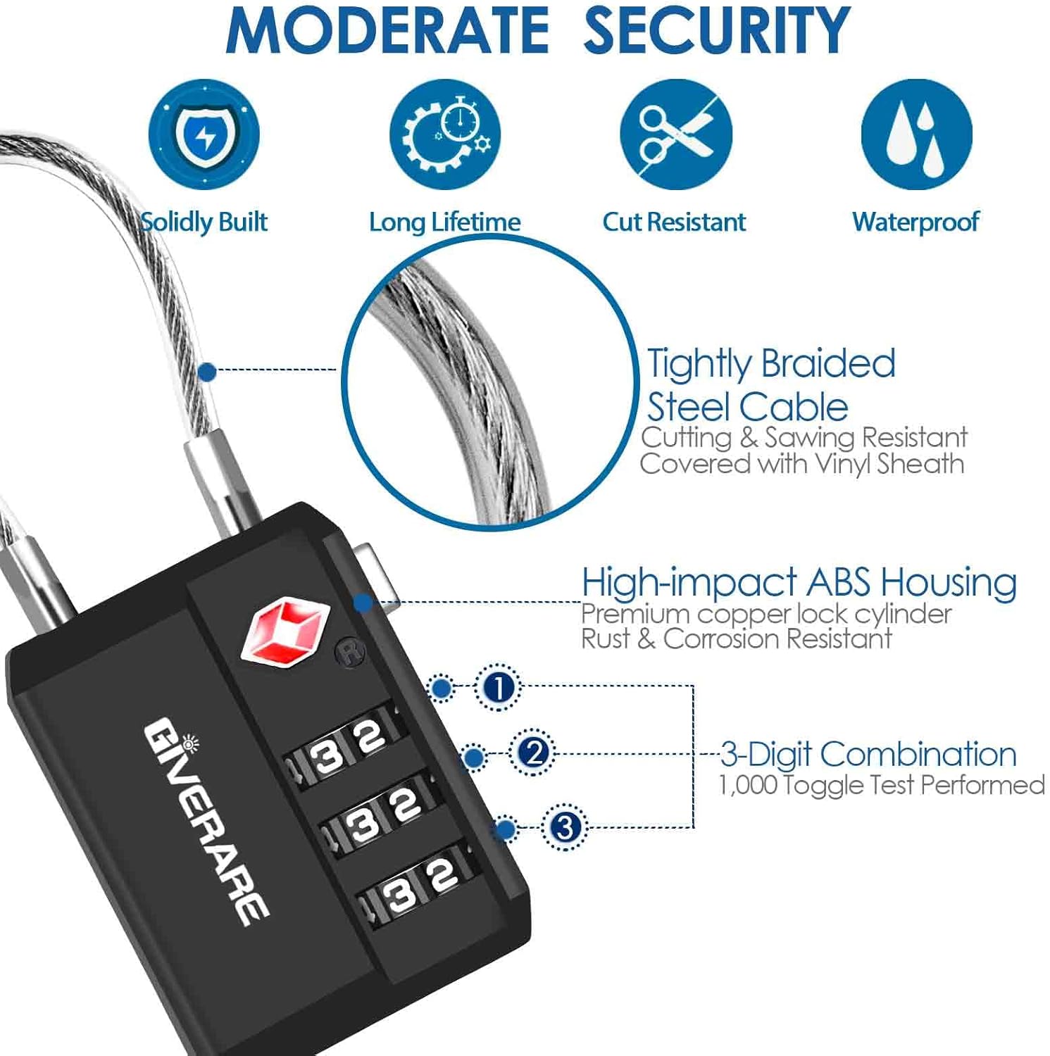 2 Pack TSA Approved Travel Luggage Locks, Cable Combination Lock 3-Digit, Keyless Suitcase Padlocks, Weatherproof Padlock for Locker, Golf Bag, Gun Case, Backpack, Anti Theft, Easy Read Dials-Black - Image 3