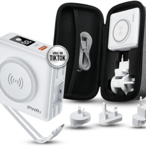 PWR Travel PRO 5-in-1 Power Bank with Case Included – 10,000mAh with Built-in Cables – 20W USB-C + 15W Wireless Charging – Compact Portable Charger for iPhone & Android - White