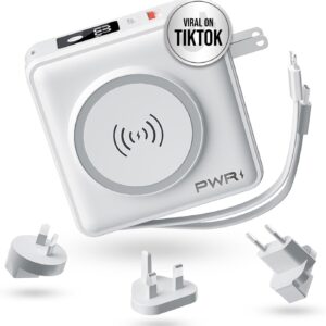 PWR Travel PRO 5-in-1 Power Bank – 10,000mAh with Built-in Cables – 20W USB-C + 15W Wireless Charging – Compact Portable Charger for iPhone & Android - White