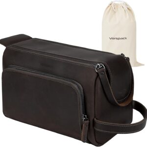 Vorspack Genuine Leather Toiletry Bag for Men - Water Resistant Travel Bag for Toiletries, Essentials, Accessories - Dark Brown