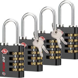 Forge Dual-Opening: Key or Combination Access Lock, TSA Approved Locks for Luggage, Pelican case, Travel, Gym, School, Stainless Steel Shackle. (Black, 4 Pk)