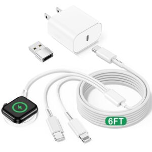 iWatch Chargers for Apple Watch& iPhone, Multi Charging Cable 6FT&20W USB C Block&USB to USB-C Adapter, 3-in-1 Travel Car Office Essentials Charger for i-Watch Series, iPhone 17 16 15 Pro Max/14/13/12